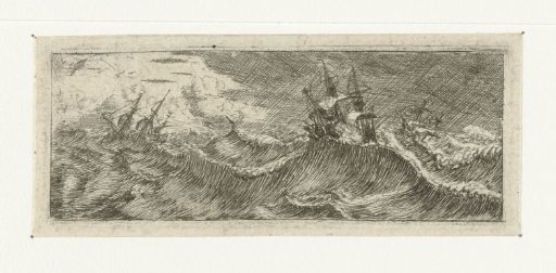 Small seascape with ships in a storm