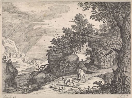 Landscape with a dead giant, lion and donkey