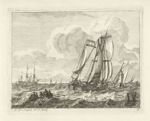 Sailing Ships and a Rowing Boat on Open Water