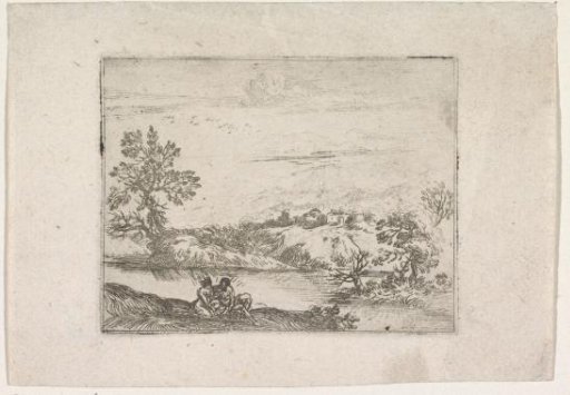 Hilly landscape with a river and a seated couple in the foreground