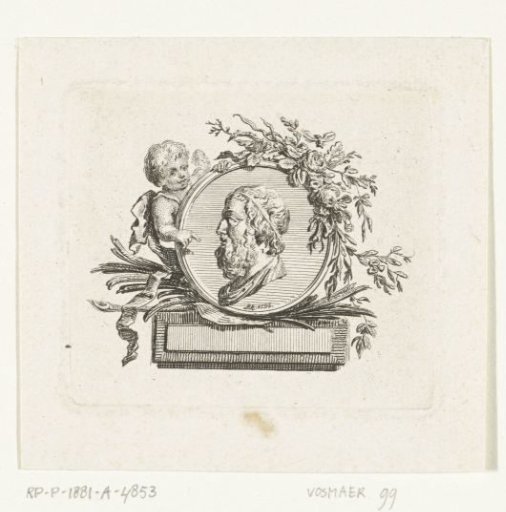 Bust of Homer on a medallion held by a cherub and decorated with flowers and palm branches