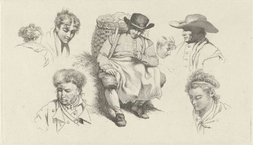 Study sheet with figures and a resting fishmonger with a pipe