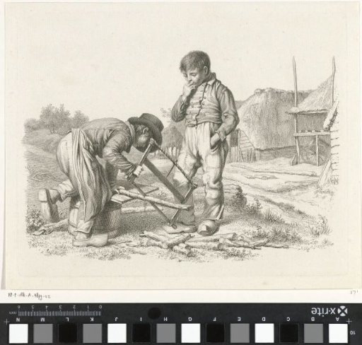 Boy sawing and a standing boy