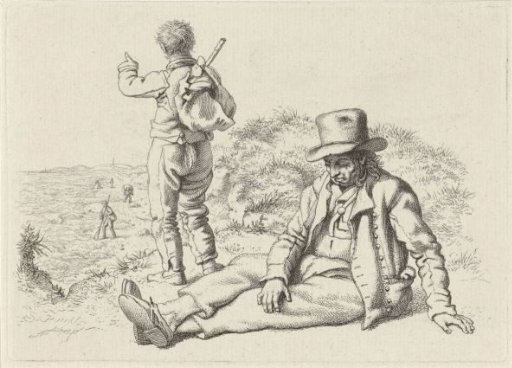 A sitting and a standing man on a beach
