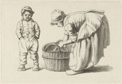 Bending girl by a basket and a child