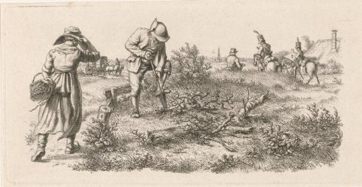 Man roasting meat, a woman with a basket and soldiers on horseback