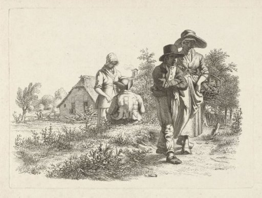 Blind woman and conversing figures at a farm