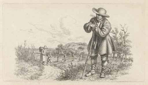 Man leaning on a stick and a woman with a child on a country road
