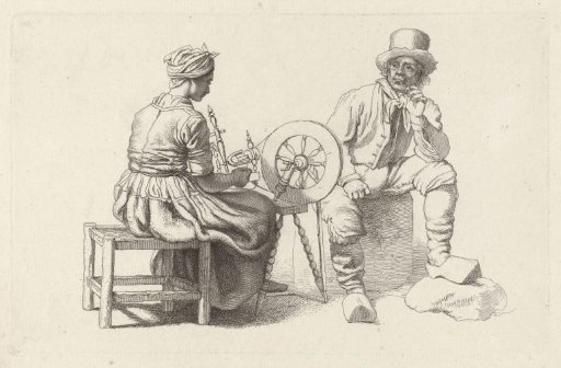 Study sheet with a woman at a spinning wheel and a seated man
