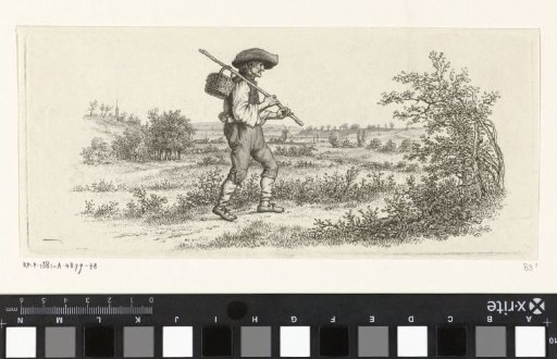 Man with a stick and a basket in a landscape