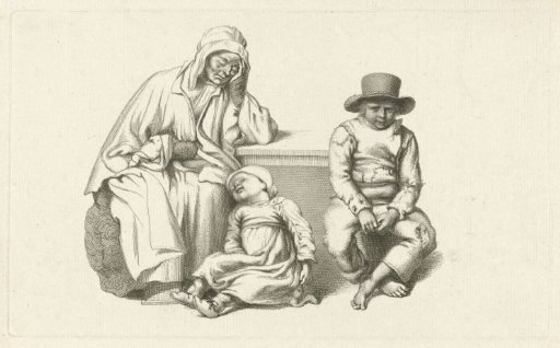 Seated old woman and two children