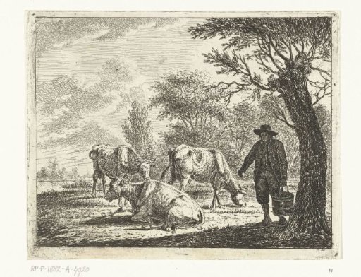 Pastoral Landscape with a Man with a Bucket by Three Cows