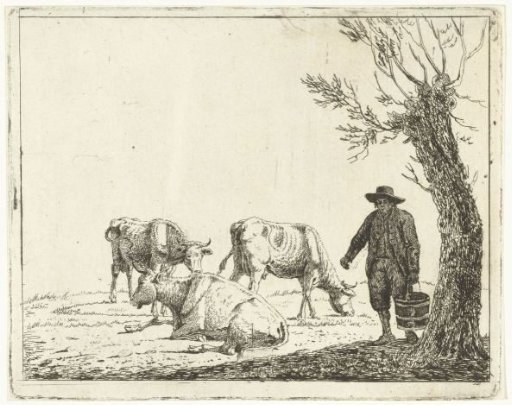 Pastoral Landscape with a Man with a Bucket by Three Cows