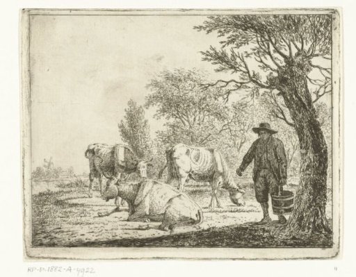 Pastoral Landscape with a Man with a Bucket by Three Cows
