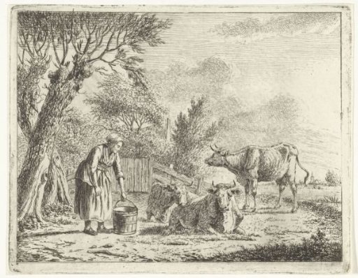 Landscape with a Woman with a Milk Can and Three Cows at a Farmhouse