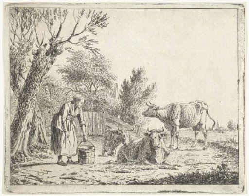 Landscape with a woman carrying a milk pail and three cows at a farmhouse