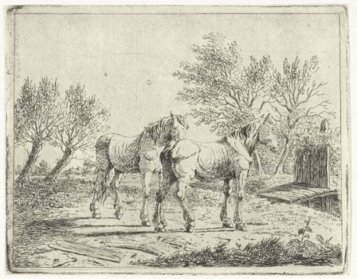 Pastoral Landscape with Two Horses at a Small Bridge and a Farmhouse