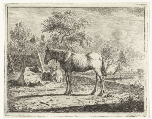 Landscape with a Horse and Two Cows at a Farmhouse by the Water