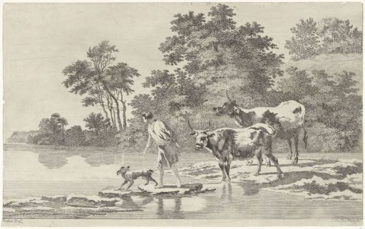 Man with two oxen and a dog