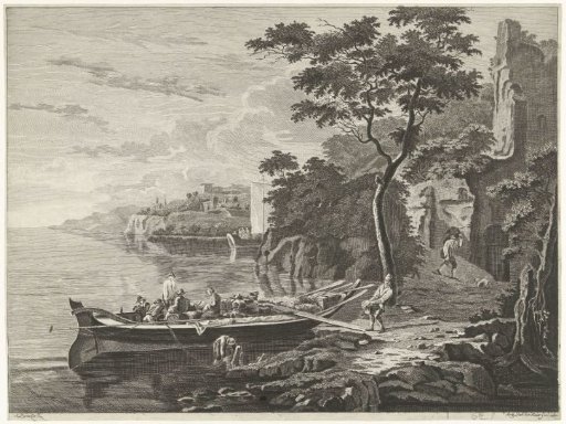 Figures by a barge in a mountain landscape