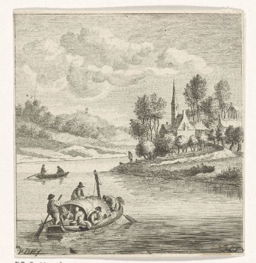 River view with two barges near a village