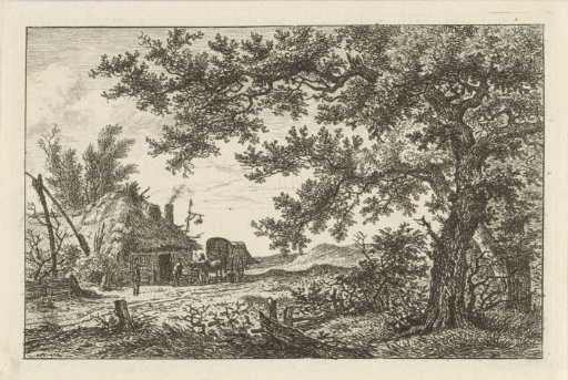 Covered wagon near a farm
