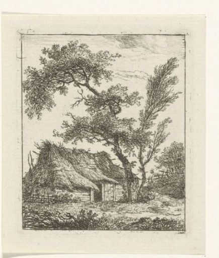 Farm with thatched roof and two trees