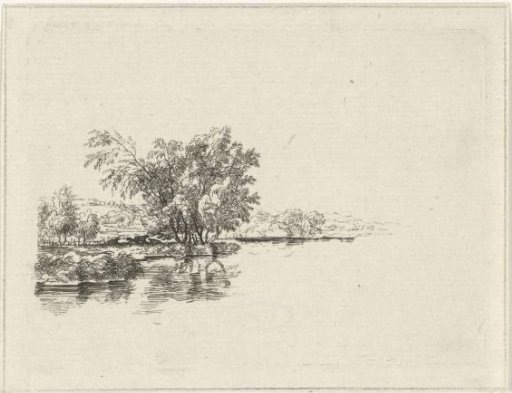 Water scene with cows under the trees along the bank
