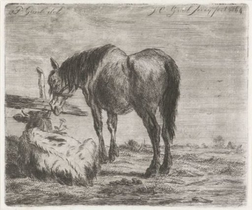 Standing horse and lying calf by a post