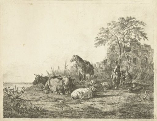 Shepherd and shepherdess with cattle