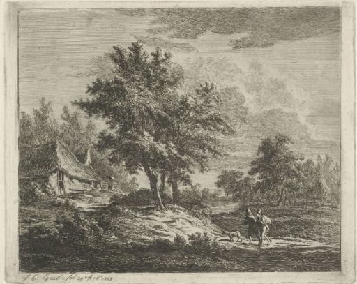 Landscape with walkers by three trees
