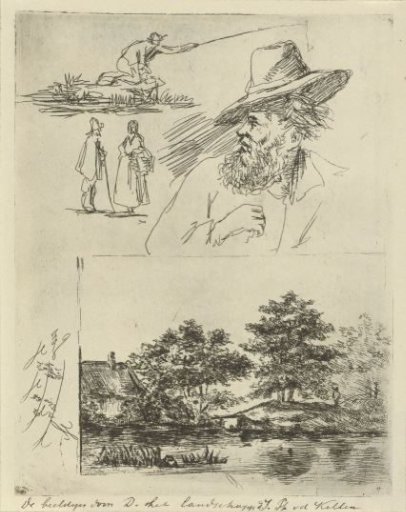 Study sheet with four figures and a landscape