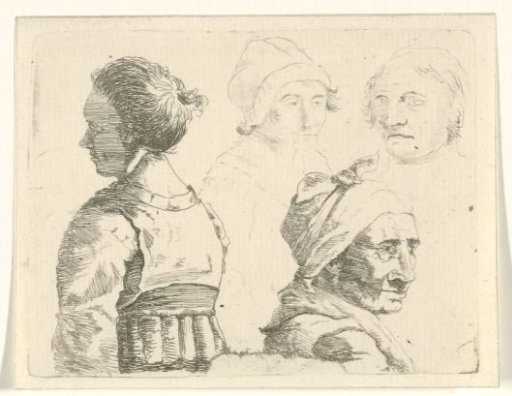 Study sheet with a female bust and three female heads