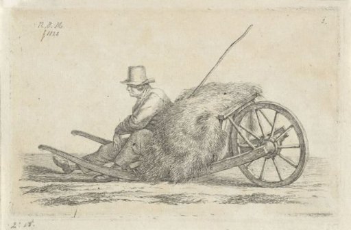 Sitting man by a wheelbarrow with hay
