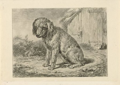 Sitting dog by a barn