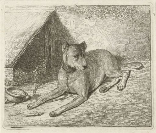 Dog on a chain by a doghouse