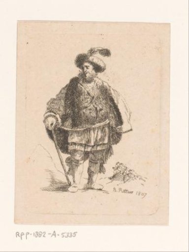 Man with Walking Stick and Fur Cape