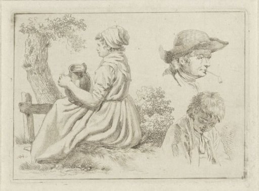 Seated Woman with a Ewer, Portrait of a Man with a Pipe and a Boy
