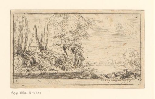 Landscape with a broken needle on a hill by the water on the left