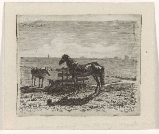 Meadow with a horse and two cows