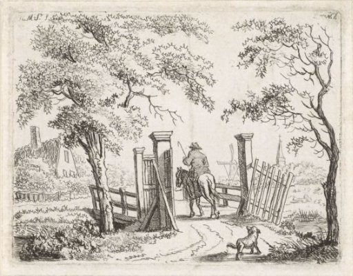 Rider with a dog at a bridge
