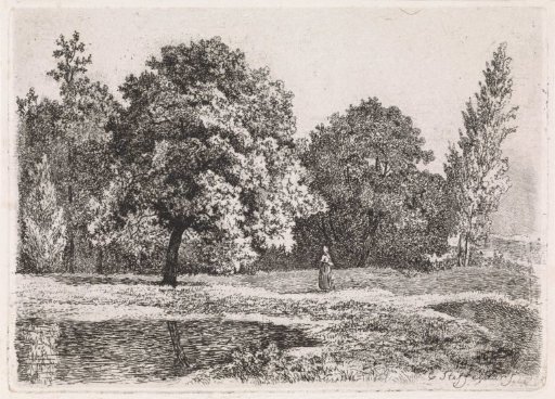 Landscape with Trees, a Lake and a Woman