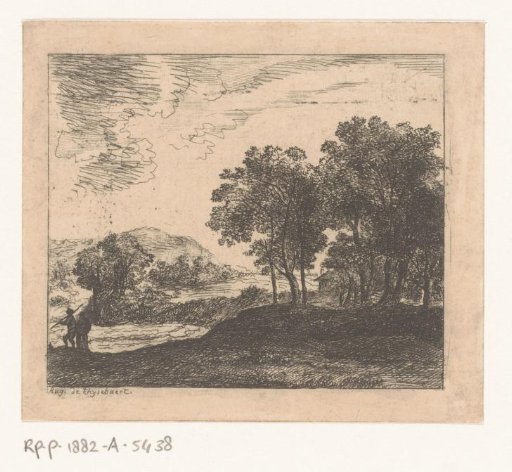 Hilly landscape with clumps of trees and two figures