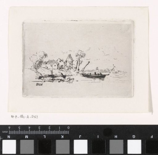 Figures in a Rowboat by Houses on a River
