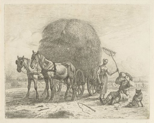 Drinking farmer by a hay wagon