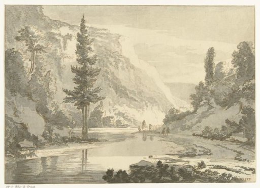 Mountain landscape with shepherds on a riverbank