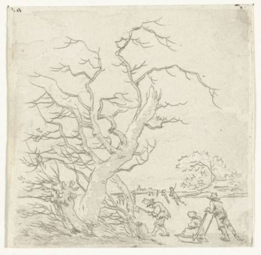Winter landscape with skaters and a woodcutter