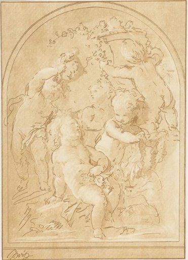 Five putti with flowers and garlands beside a vase
