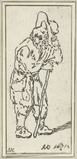 Man with a staff removing his hat