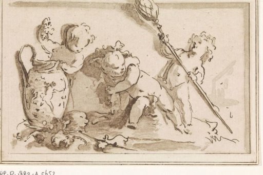 Three putti by a vase